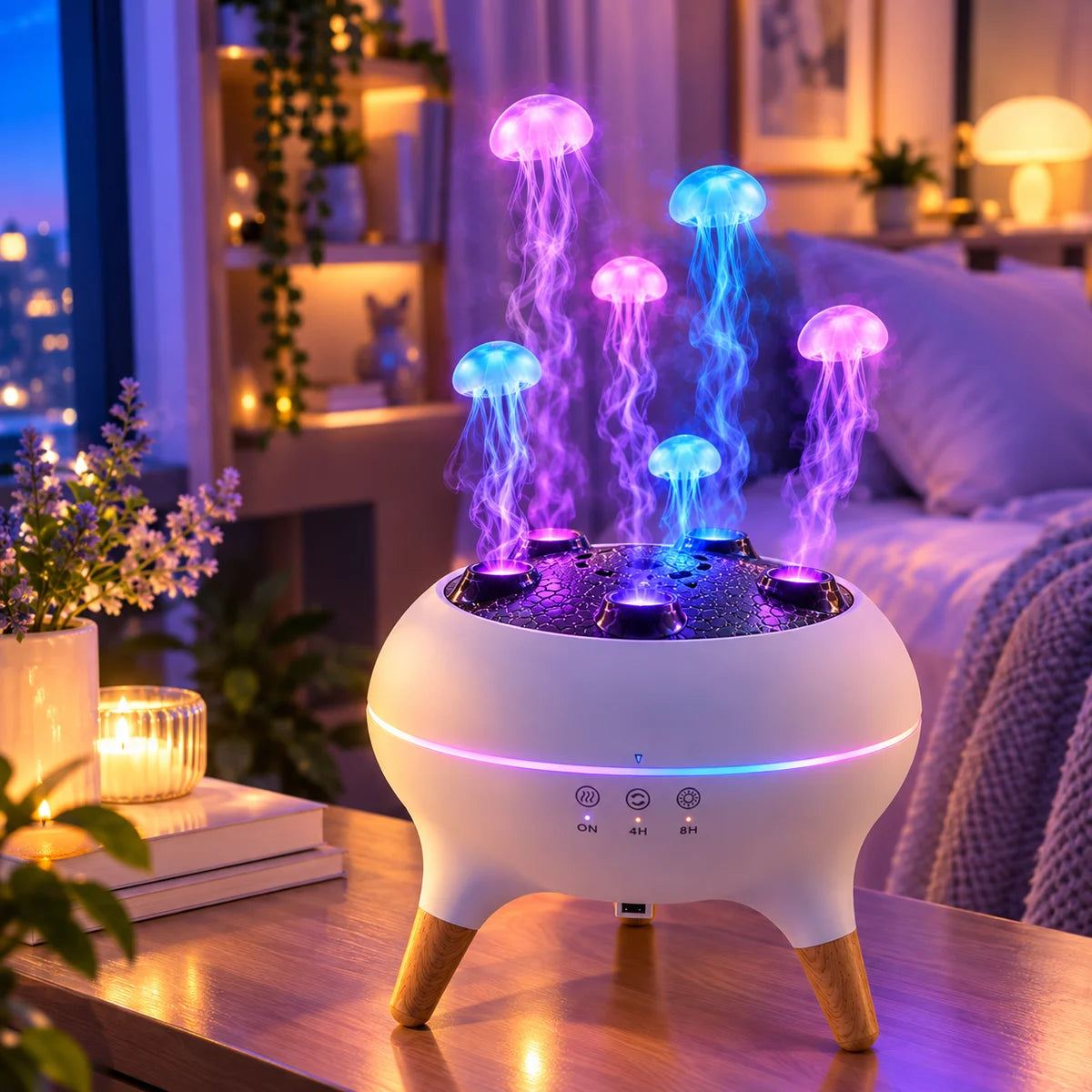 JellyGlow jellyfish humidifier with colorful ambient light in a bedroom